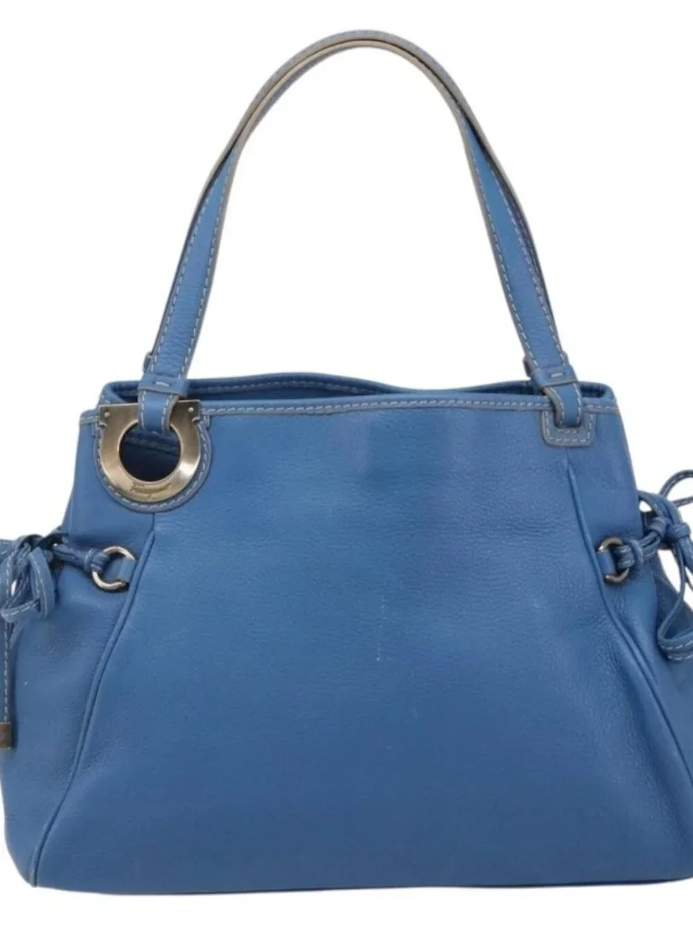 Salvatore Ferragamo Gancini Tote Bag Leather Blue Gold Auth 185584A